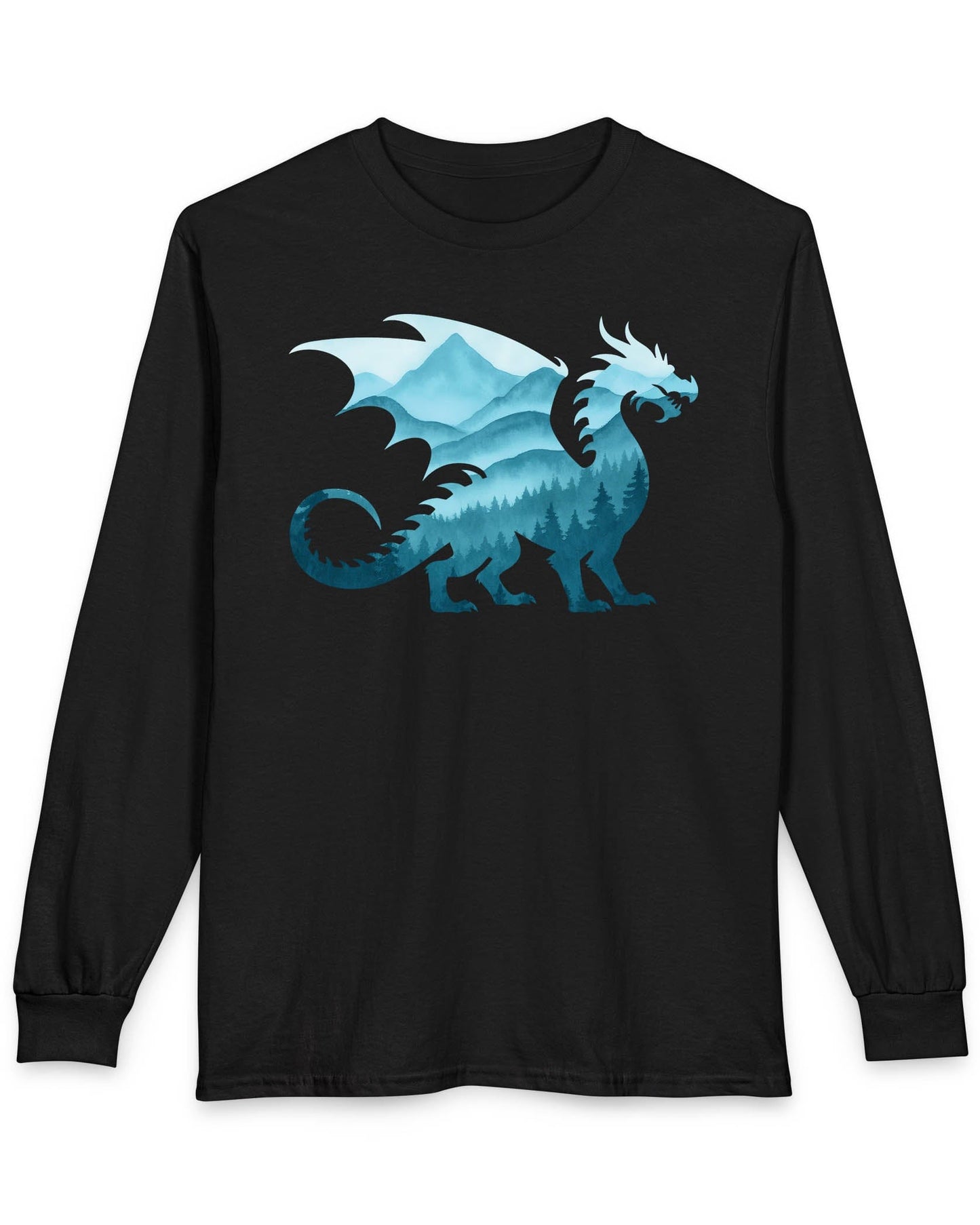 Spirit of the Mists shirt in black featuring a dragon silhouette filled with misty blue mountains and forests