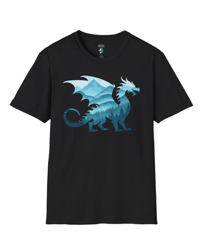 Spirit of the Mists shirt in black featuring a dragon silhouette filled with misty blue mountains and forests.