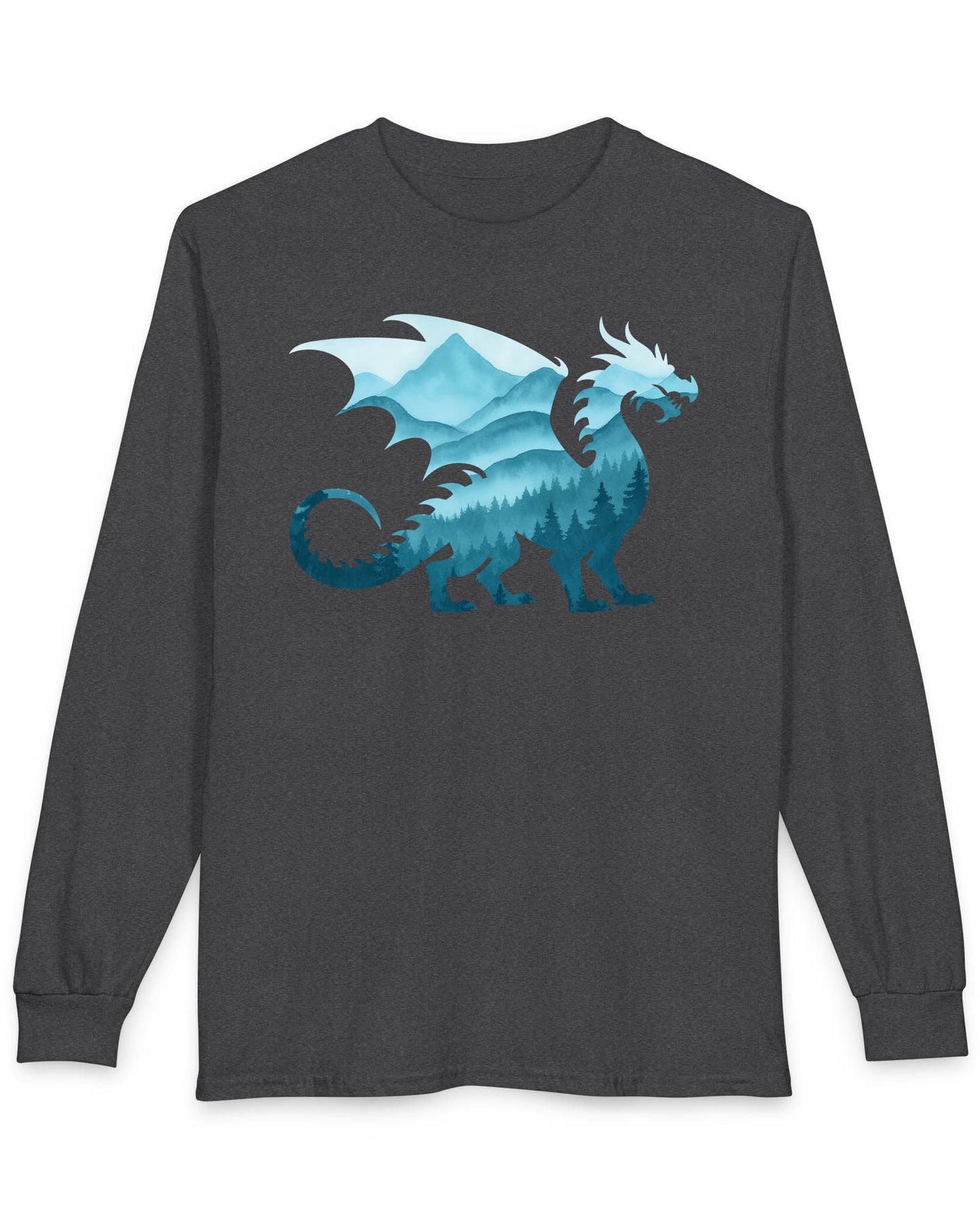 Spirit of the Mists shirt in dark heather featuring a dragon silhouette filled with misty blue mountains and forests