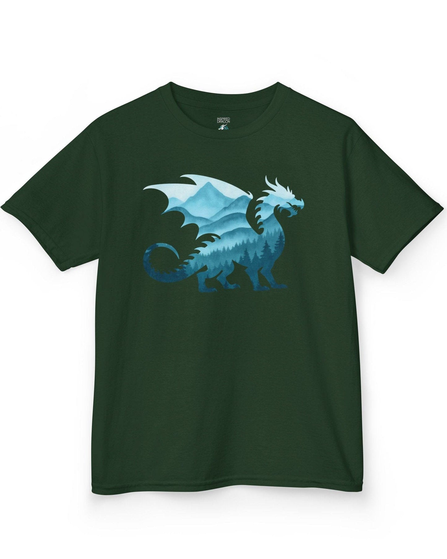 Spirit of the Mists shirt in forest green featuring a dragon silhouette filled with misty blue mountains and forests.