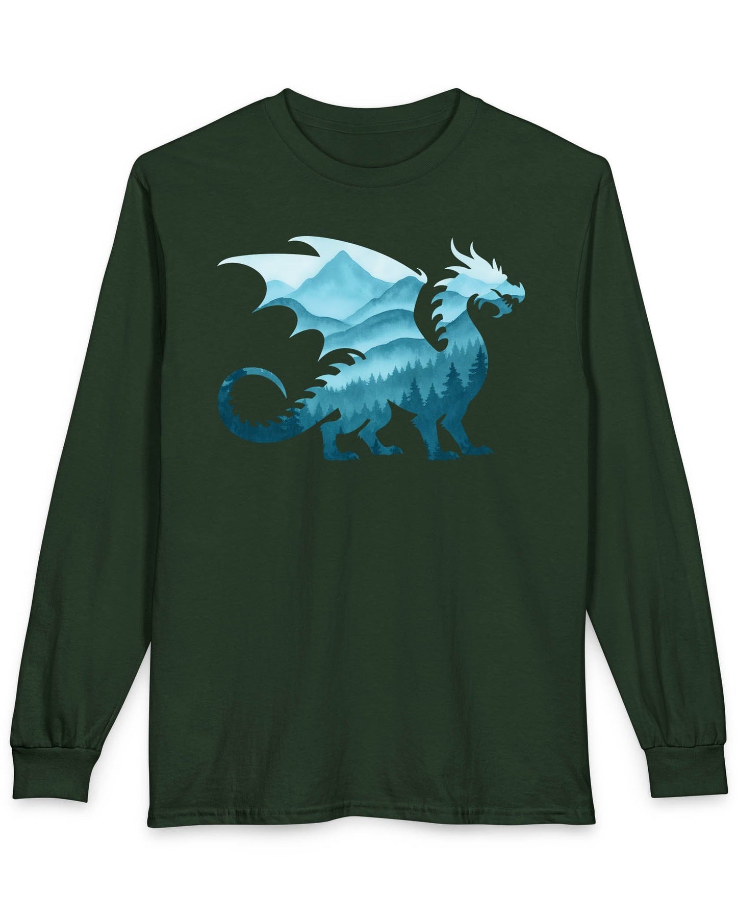 Spirit of the Mists shirt in forest green featuring a dragon silhouette filled with misty blue mountains and forests