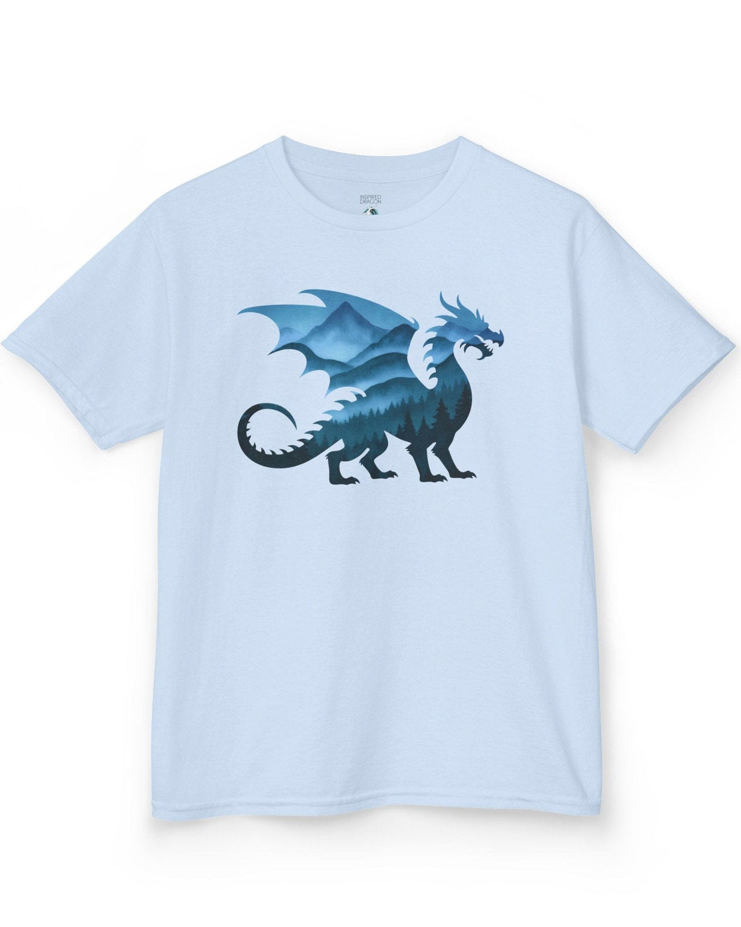 Spirit of the Mists shirt in light blue featuring a dragon silhouette filled with misty blue mountains and forests.