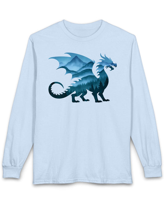 Spirit of the Mists shirt in light blue featuring a dragon silhouette filled with misty blue mountains and forests