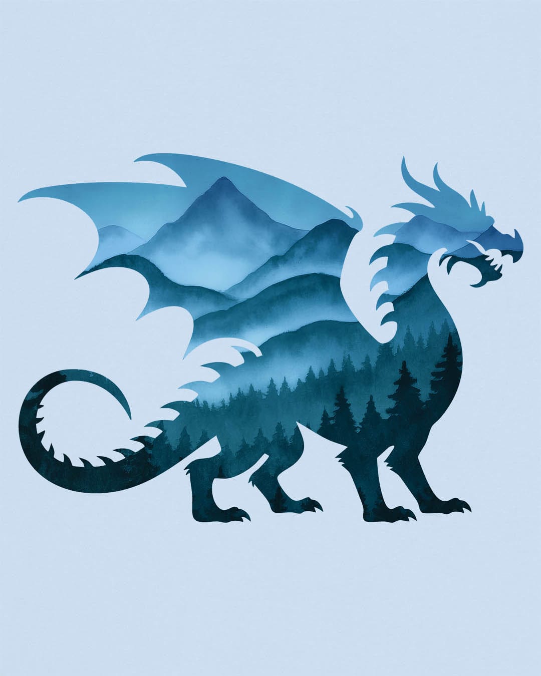 Spirit of the Mists shirt in light blue featuring a dragon silhouette filled with misty blue mountains and forests.
