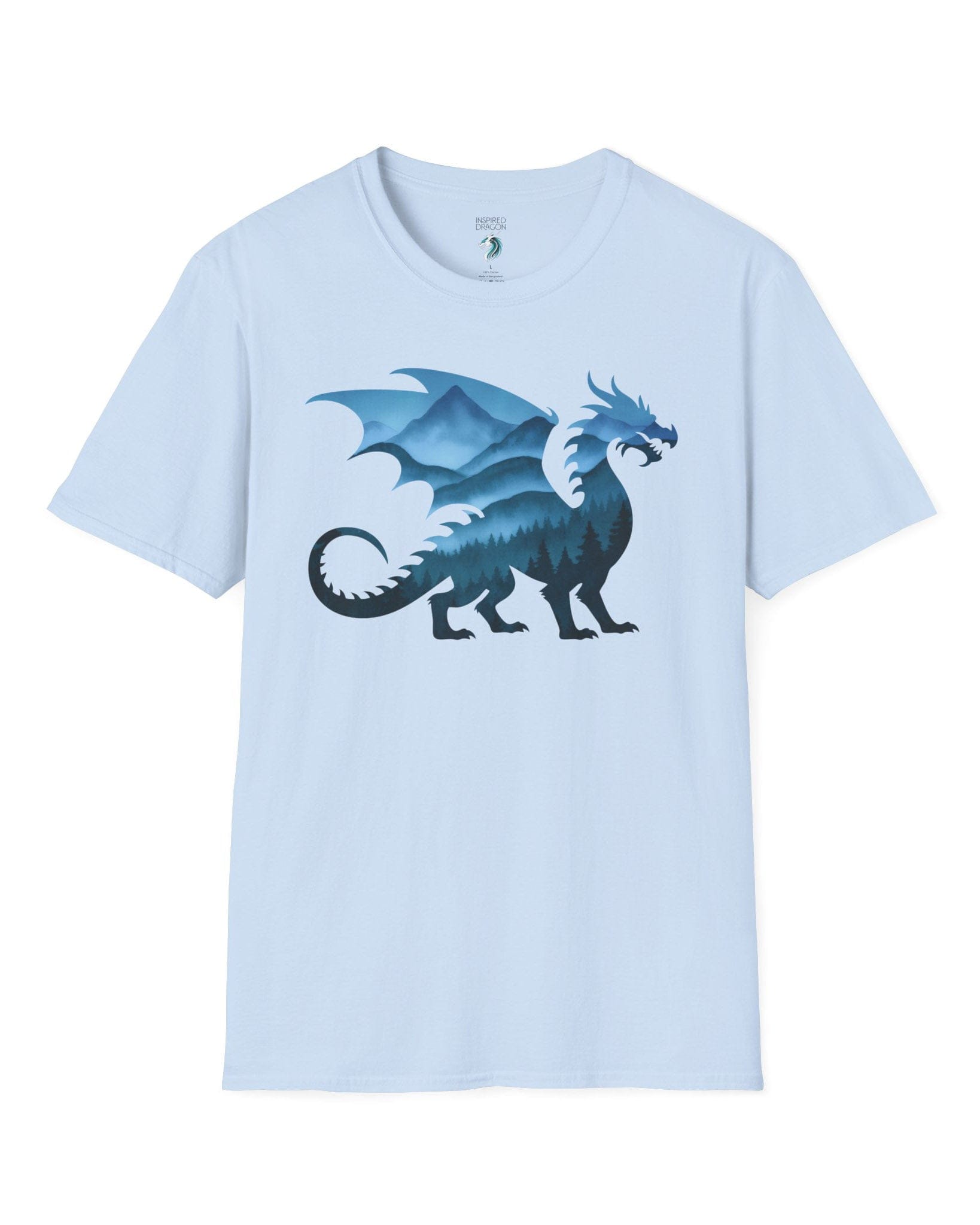 Spirit of the Mists shirt in light blue featuring a dragon silhouette filled with misty blue mountains and forests.