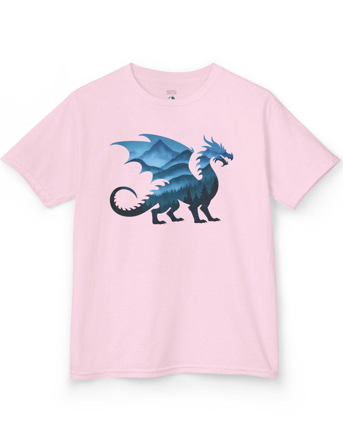 Spirit of the Mists shirt in light pink featuring a dragon silhouette filled with misty blue mountains and forests.