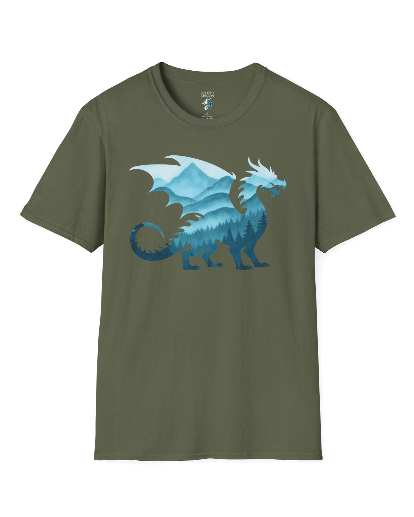 Spirit of the Mists shirt in military green featuring a dragon silhouette filled with misty blue mountains and forests.