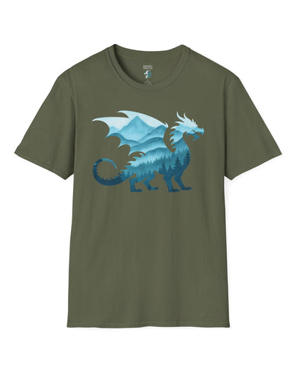 Spirit of the Mists shirt in military green featuring a dragon silhouette filled with misty blue mountains and forests.