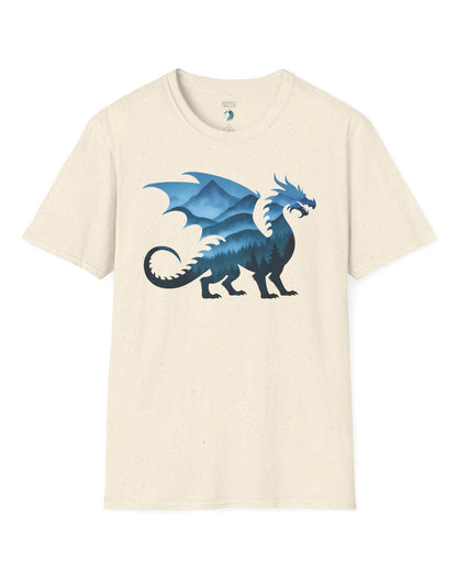 Spirit of the Mists shirt in natural featuring a dragon silhouette filled with misty blue mountains and forests.