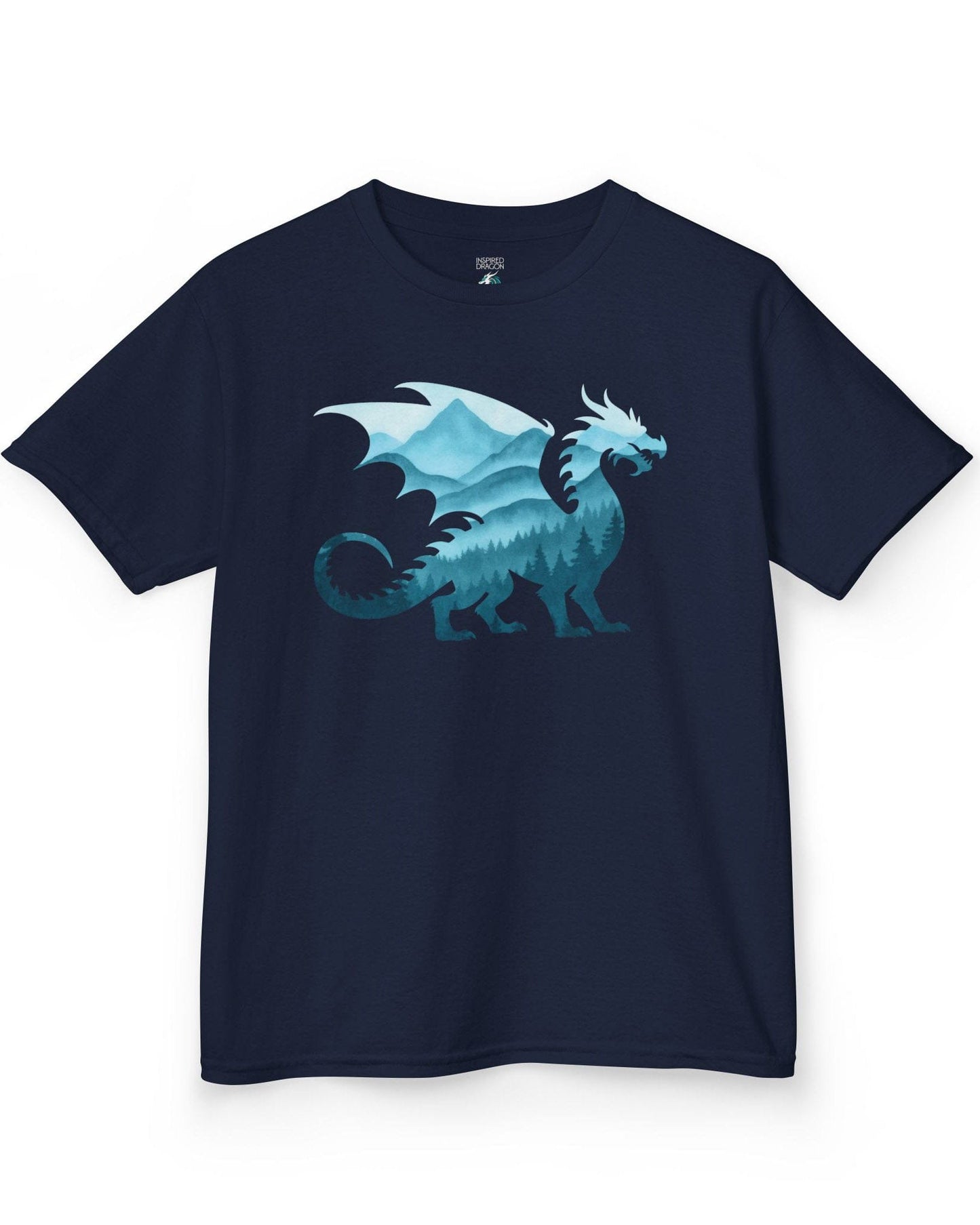 Spirit of the Mists shirt in navy featuring a dragon silhouette filled with misty blue mountains and forests.
