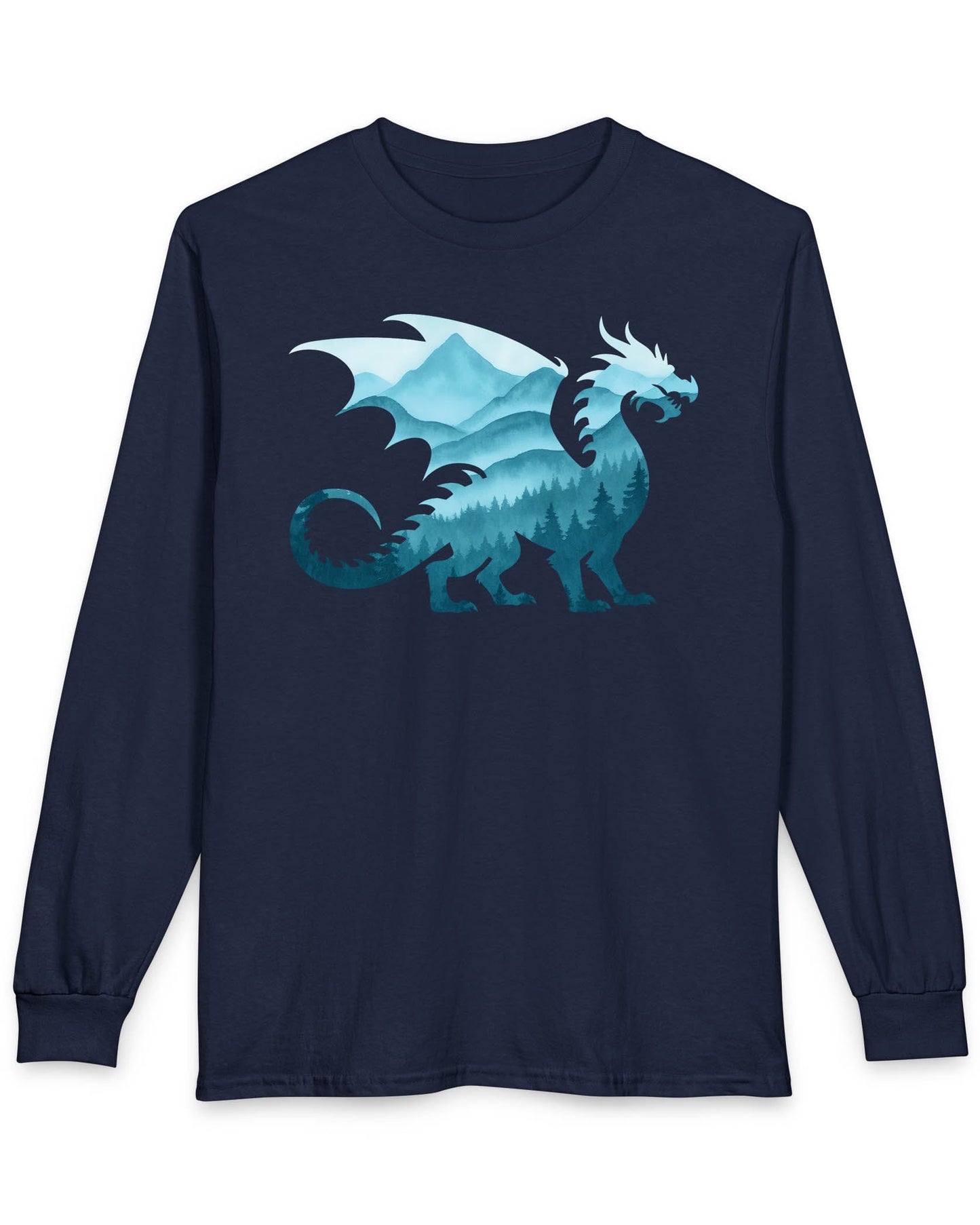 Spirit of the Mists shirt in navy featuring a dragon silhouette filled with misty blue mountains and forests