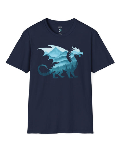 Spirit of the Mists shirt in navy featuring a dragon silhouette filled with misty blue mountains and forests.