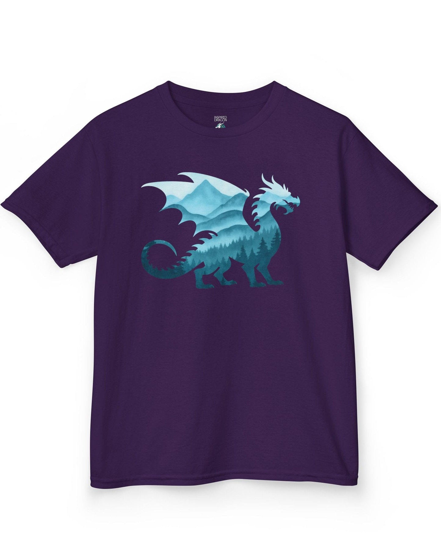 Spirit of the Mists shirt in purple featuring a dragon silhouette filled with misty blue mountains and forests.