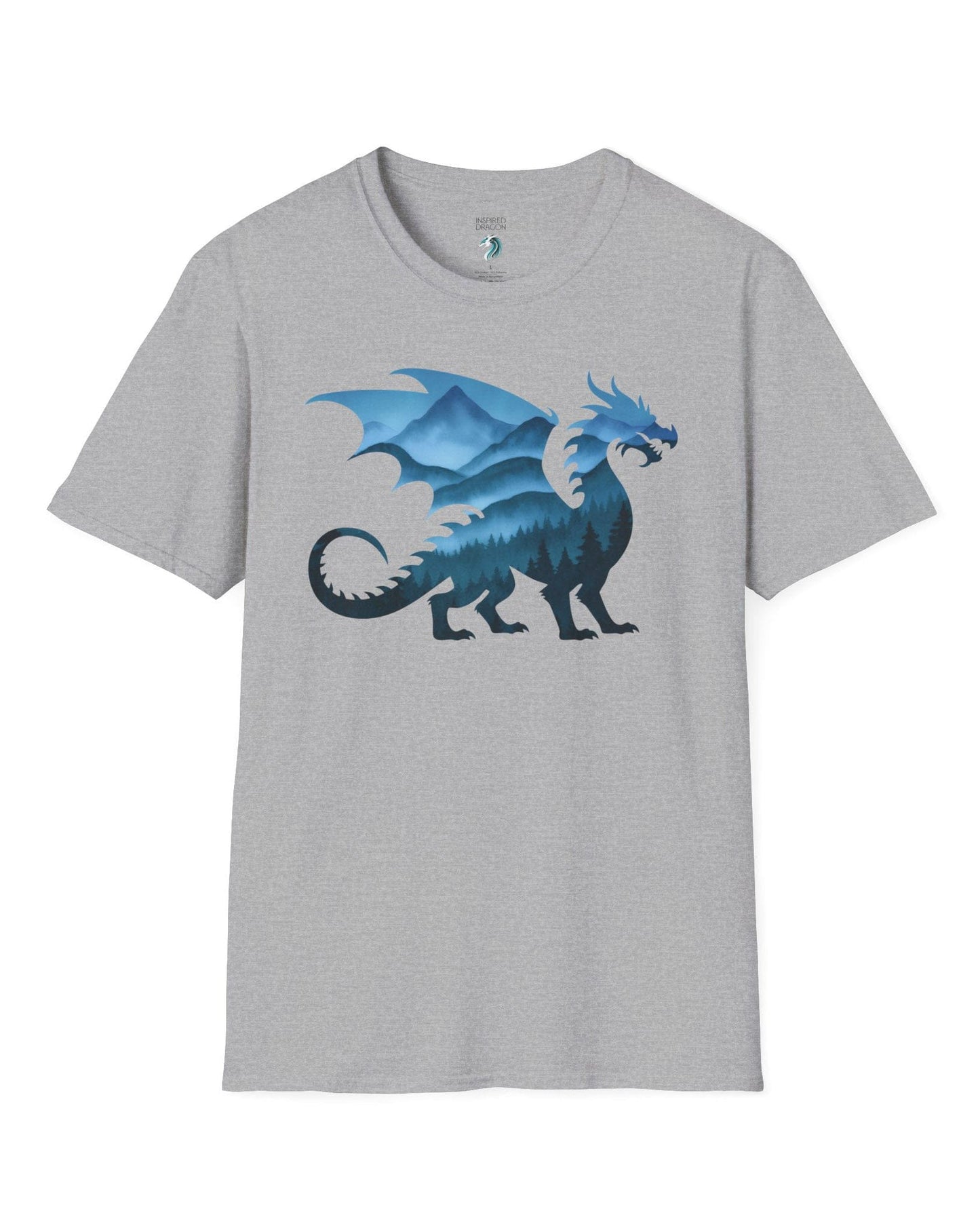 Spirit of the Mists shirt in sport grey featuring a dragon silhouette filled with misty blue mountains and forests.