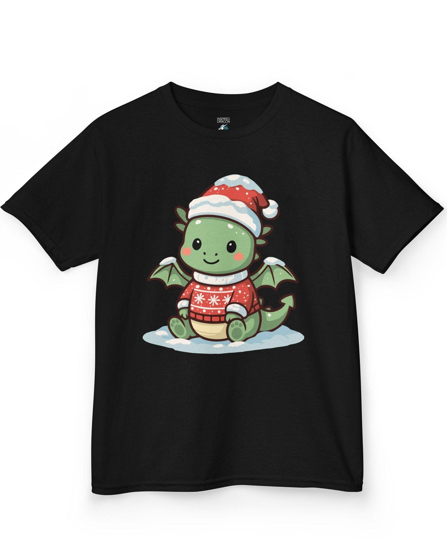Merry Munchkin shirt in black featuring a cute green baby dragon in a snowy Santa hat and festive sweater.
