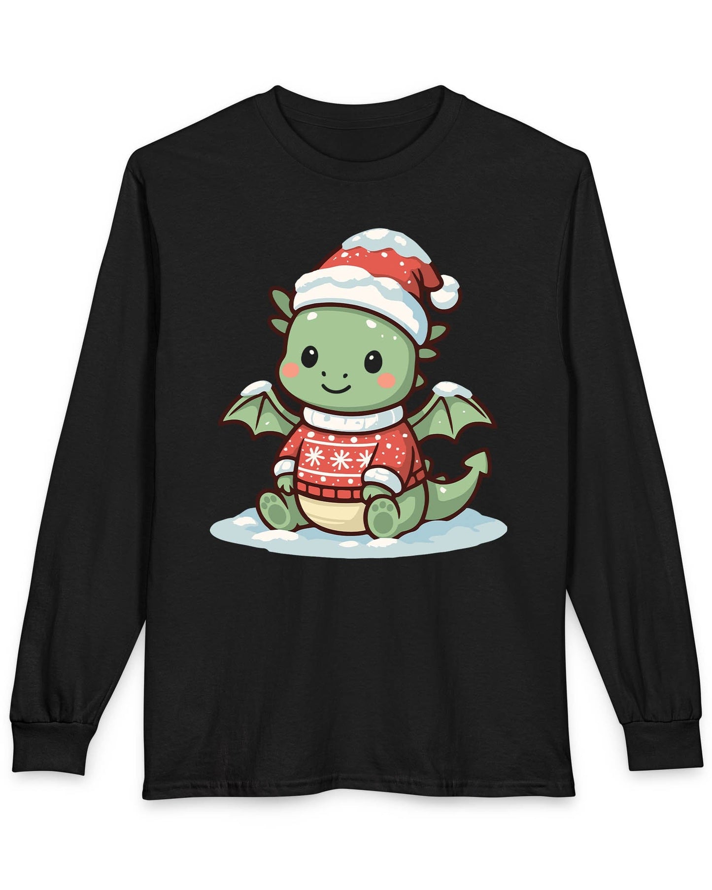 Merry Munchkin shirt in black featuring a cute green baby dragon in a snowy Santa hat and festive sweater