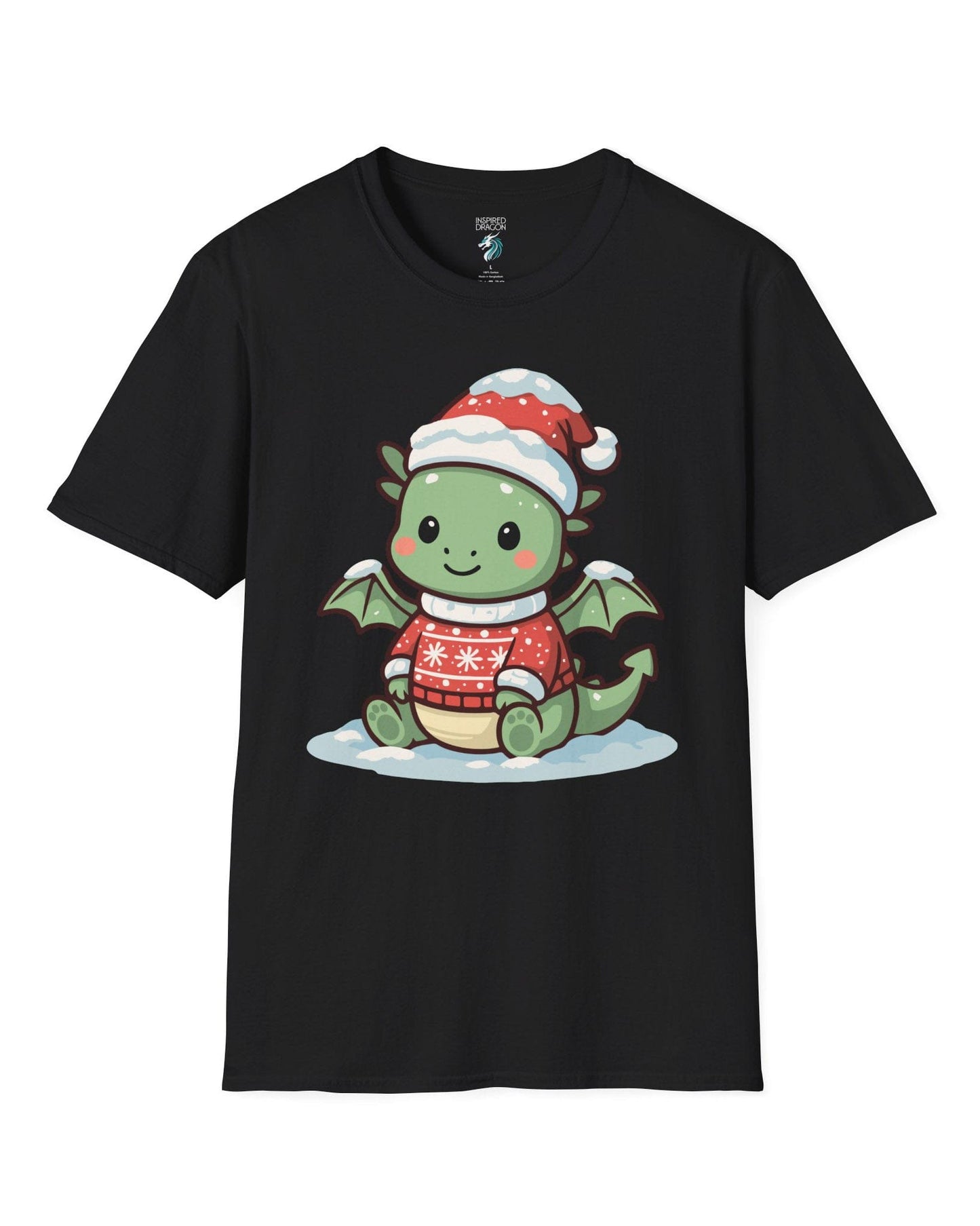 Merry Munchkin shirt in black featuring a cute green baby dragon in a snowy Santa hat and festive sweater.