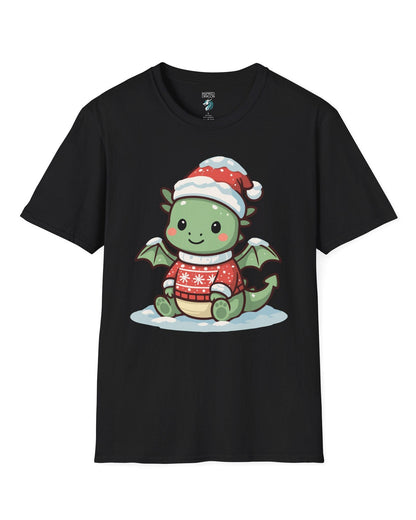 Merry Munchkin shirt in black featuring a cute green baby dragon in a snowy Santa hat and festive sweater.