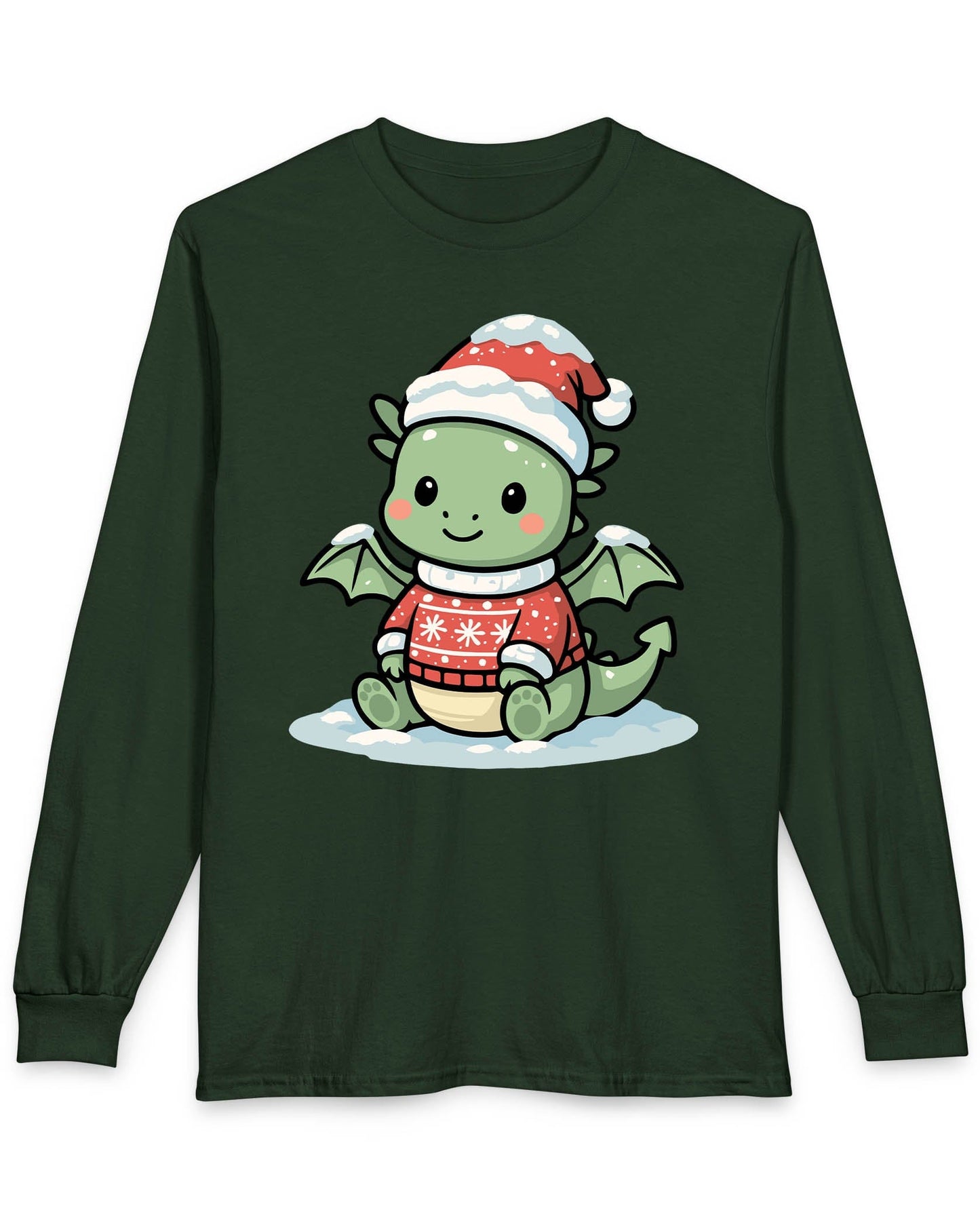 Merry Munchkin shirt in forest green featuring a cute green baby dragon in a snowy Santa hat and festive sweater