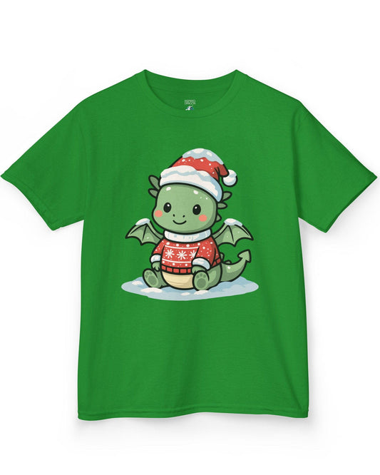 Merry Munchkin shirt in Irish green featuring a cute green baby dragon in a snowy Santa hat and festive sweater.