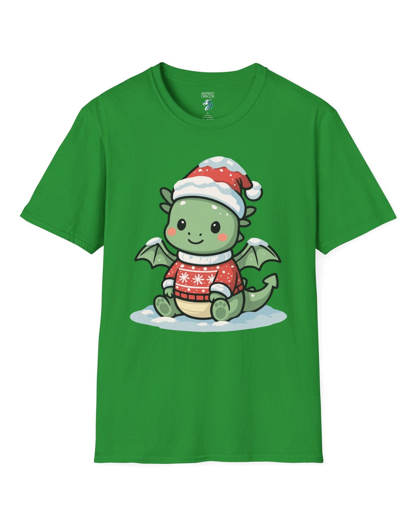Merry Munchkin shirt in Irish green featuring a cute green baby dragon in a snowy Santa hat and festive sweater.