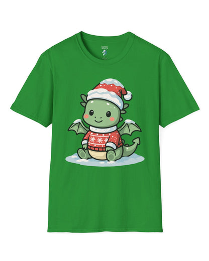 Merry Munchkin shirt in Irish green featuring a cute green baby dragon in a snowy Santa hat and festive sweater.