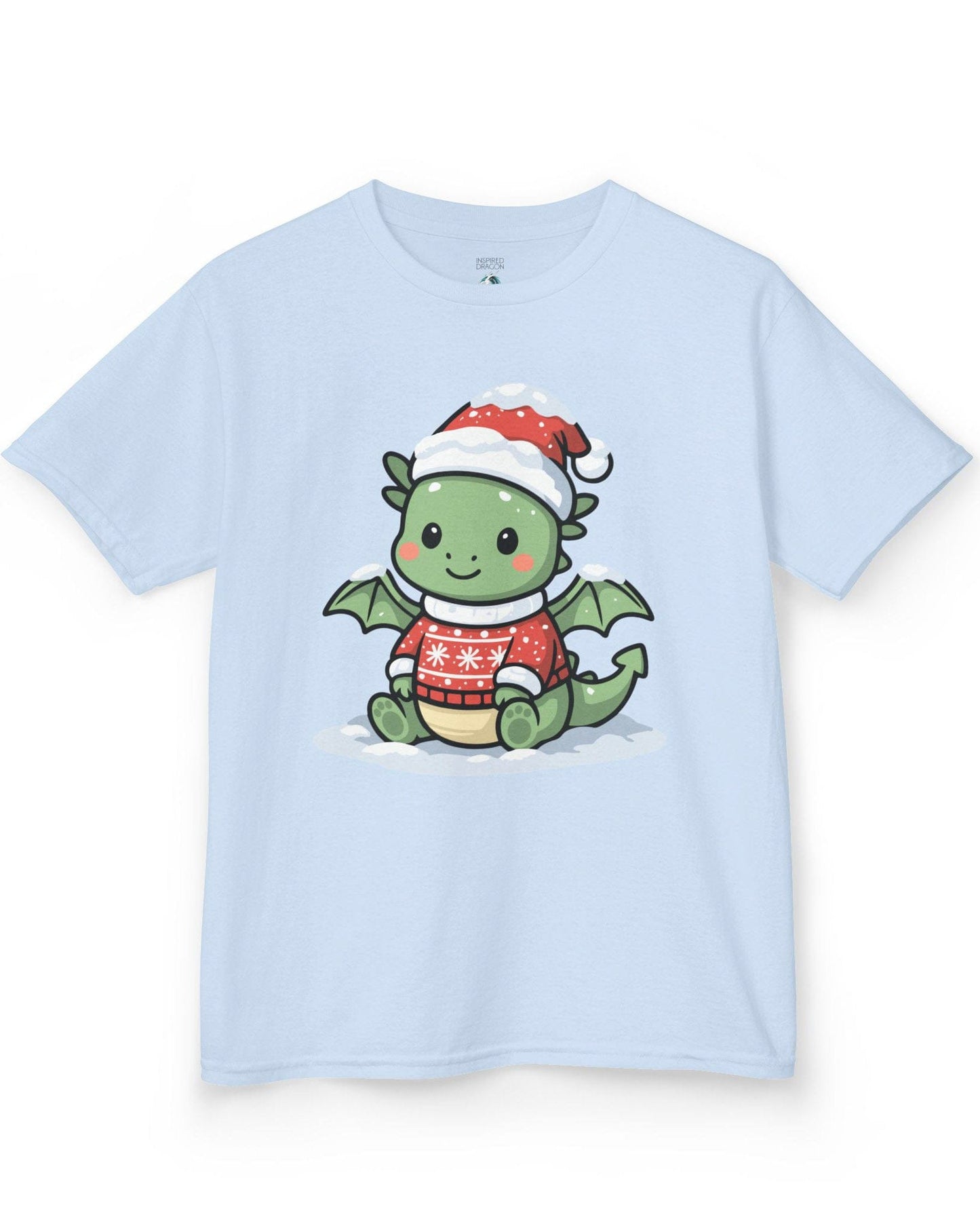 Merry Munchkin shirt in light blue featuring a cute green baby dragon in a snowy Santa hat and festive sweater.