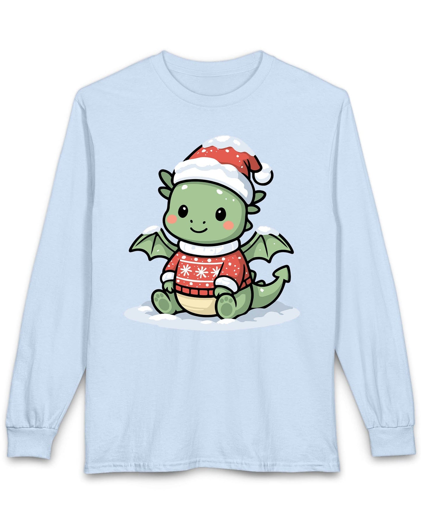 Merry Munchkin shirt in light blue featuring a cute green baby dragon in a snowy Santa hat and festive sweater