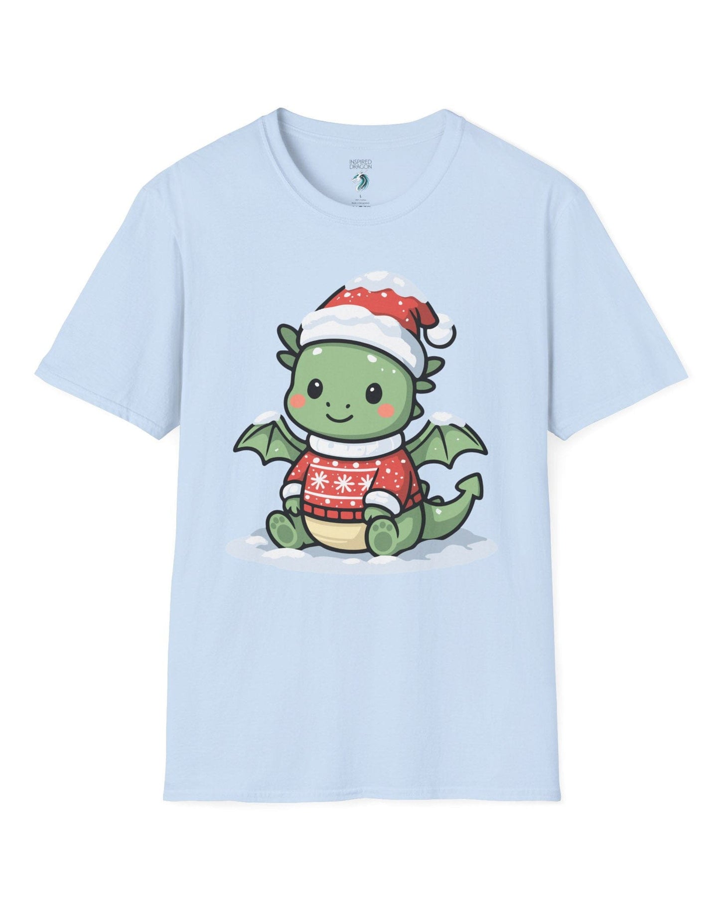 Merry Munchkin shirt in light blue featuring a cute green baby dragon in a snowy Santa hat and festive sweater.