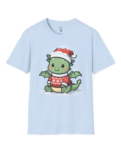 Merry Munchkin shirt in light blue featuring a cute green baby dragon in a snowy Santa hat and festive sweater.