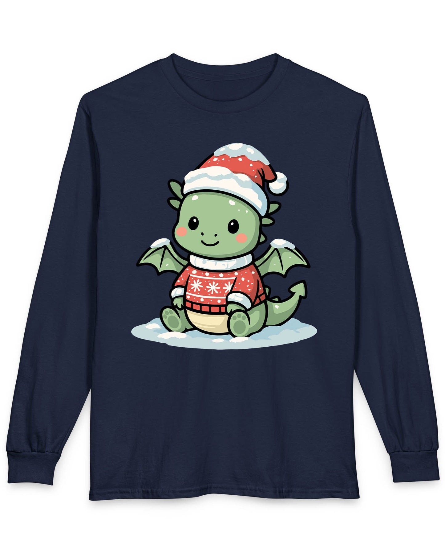 Merry Munchkin shirt in navy featuring a cute green baby dragon in a snowy Santa hat and festive sweater