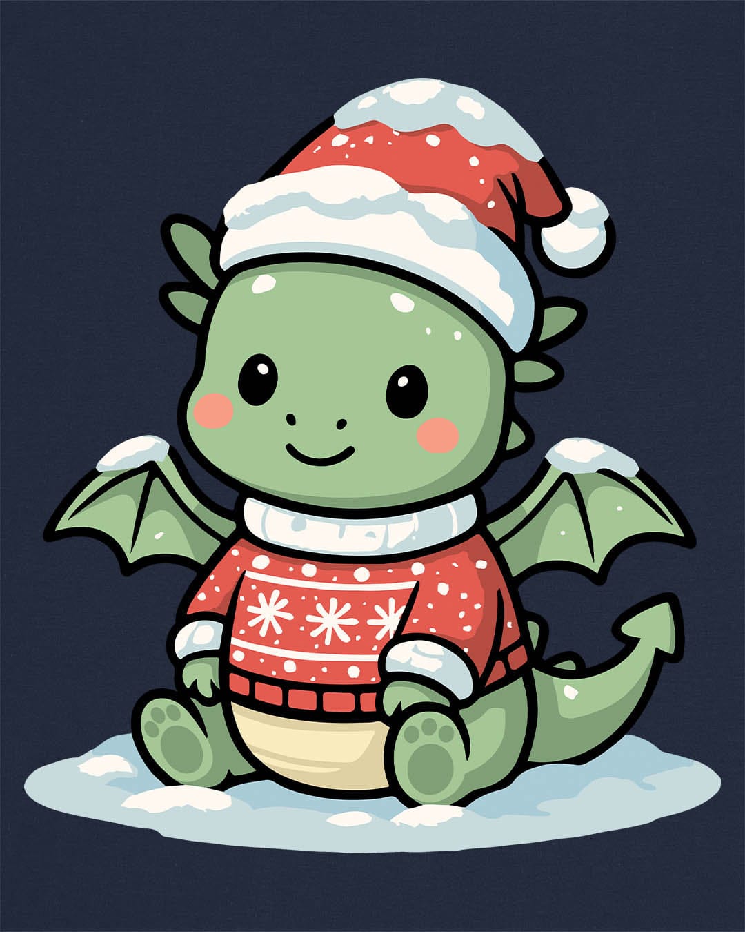Merry Munchkin shirt in navy featuring a cute green baby dragon in a snowy Santa hat and festive sweater.