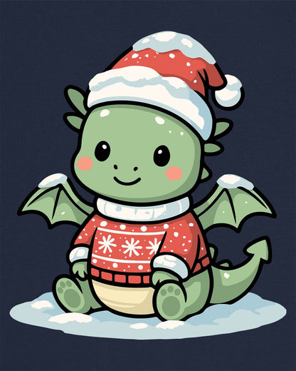 Merry Munchkin shirt in navy featuring a cute green baby dragon in a snowy Santa hat and festive sweater.