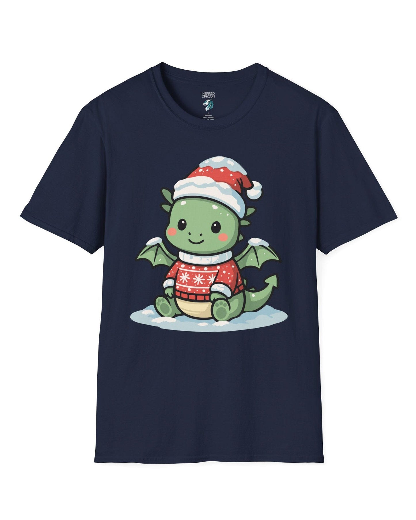 Merry Munchkin shirt in navy featuring a cute green baby dragon in a snowy Santa hat and festive sweater.