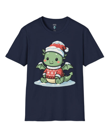 Merry Munchkin shirt in navy featuring a cute green baby dragon in a snowy Santa hat and festive sweater.