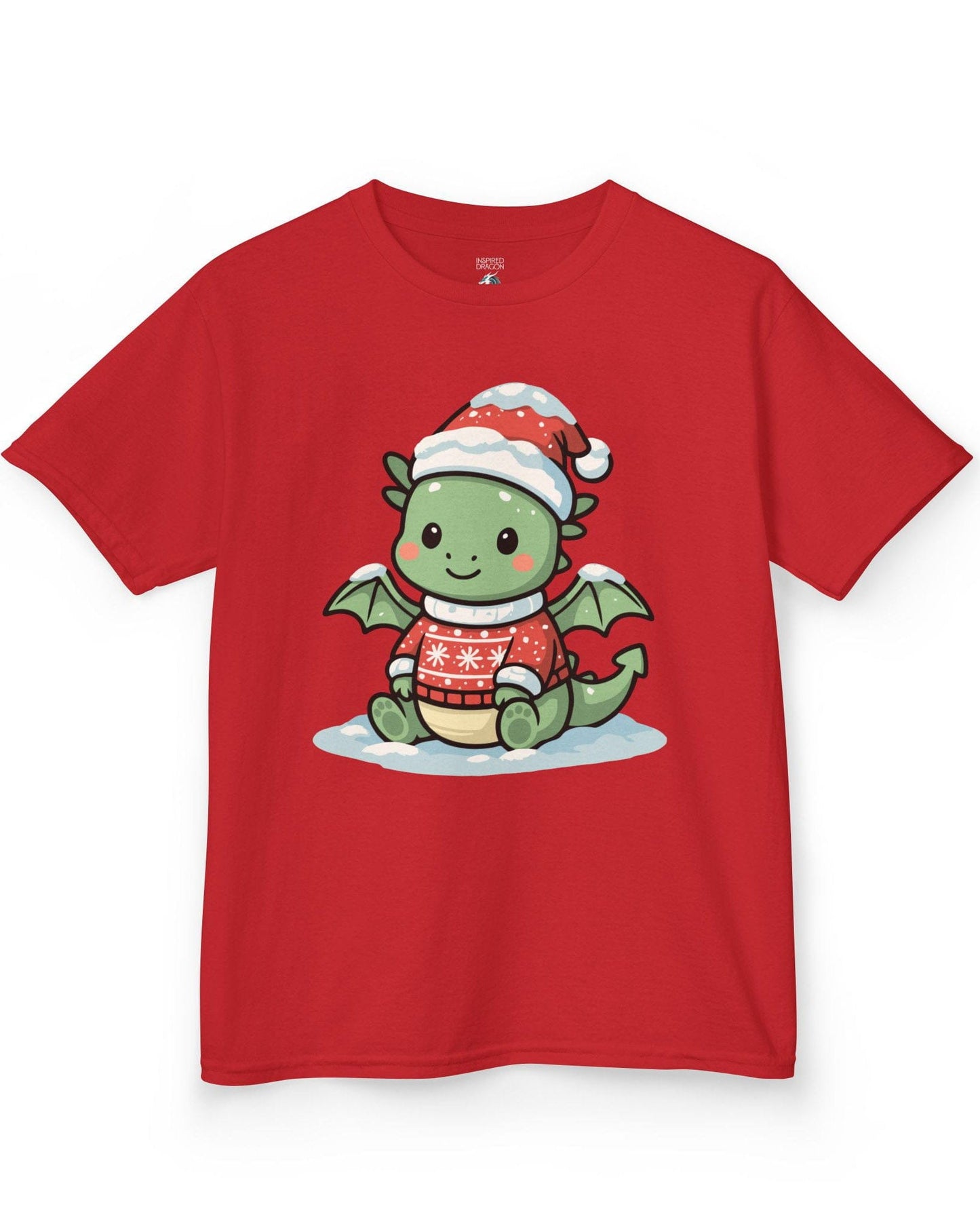 Merry Munchkin shirt in red featuring a cute green baby dragon in a snowy Santa hat and festive sweater.