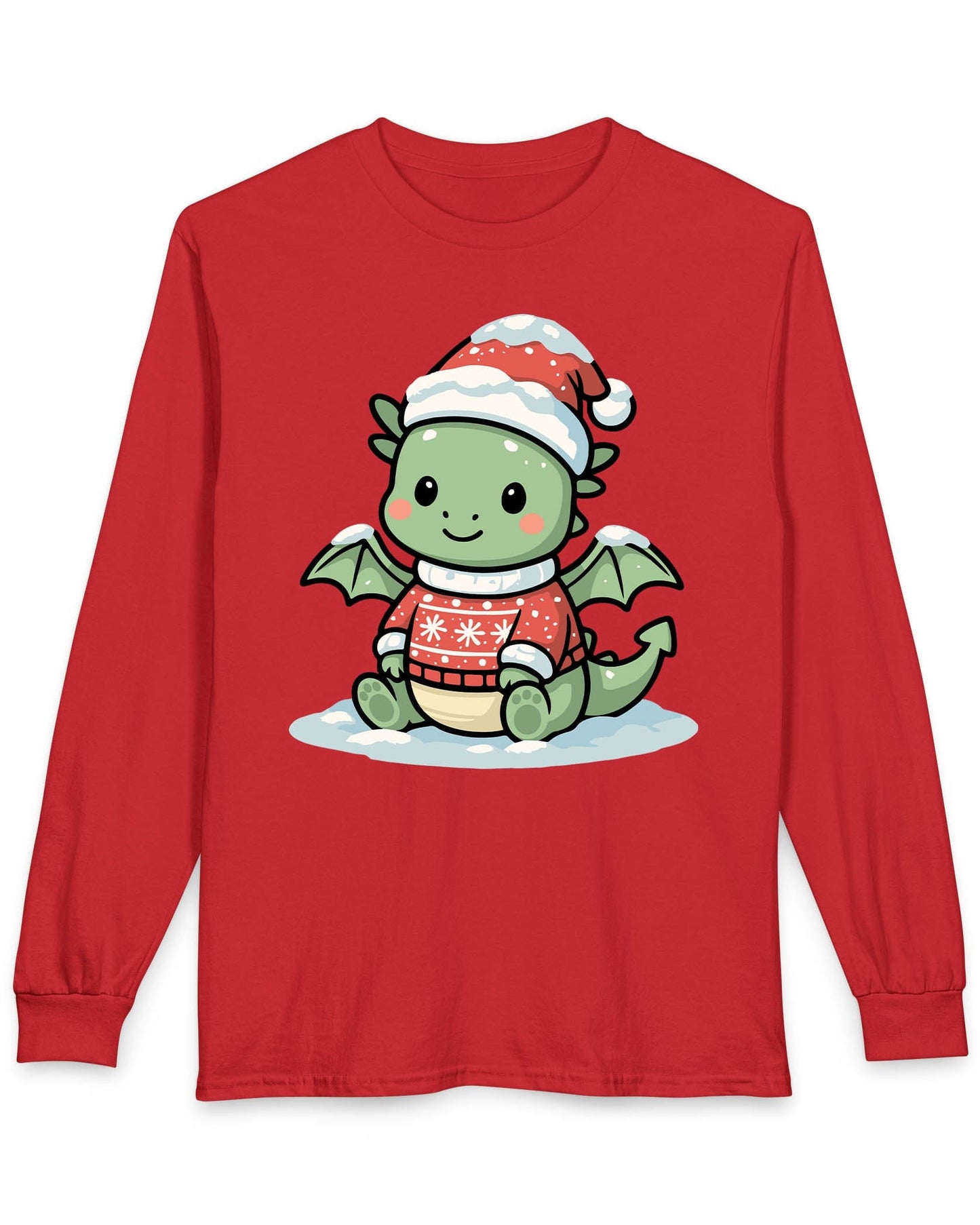Merry Munchkin shirt in red featuring a cute green baby dragon in a snowy Santa hat and festive sweater
