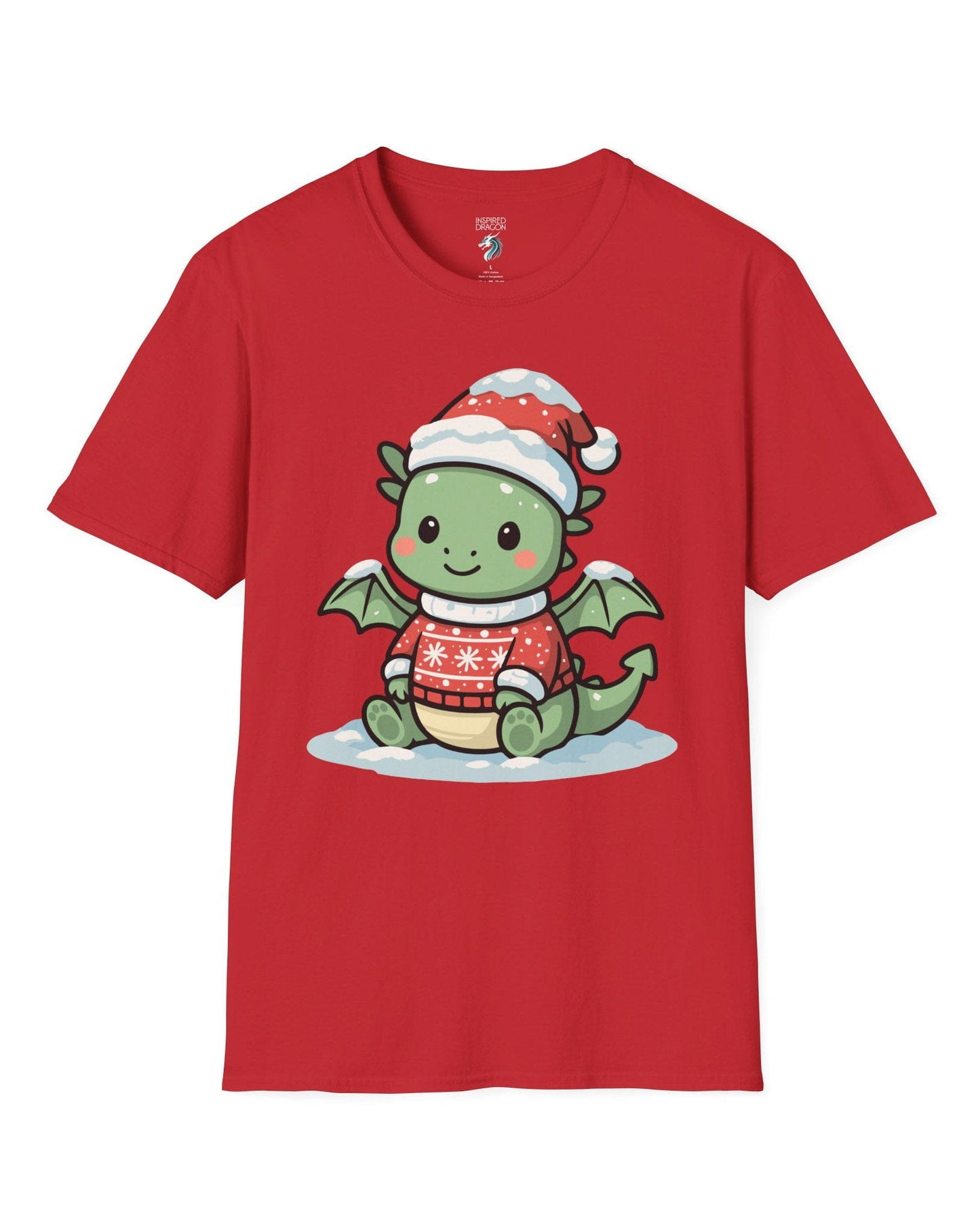 Merry Munchkin shirt in red featuring a cute green baby dragon in a snowy Santa hat and festive sweater.