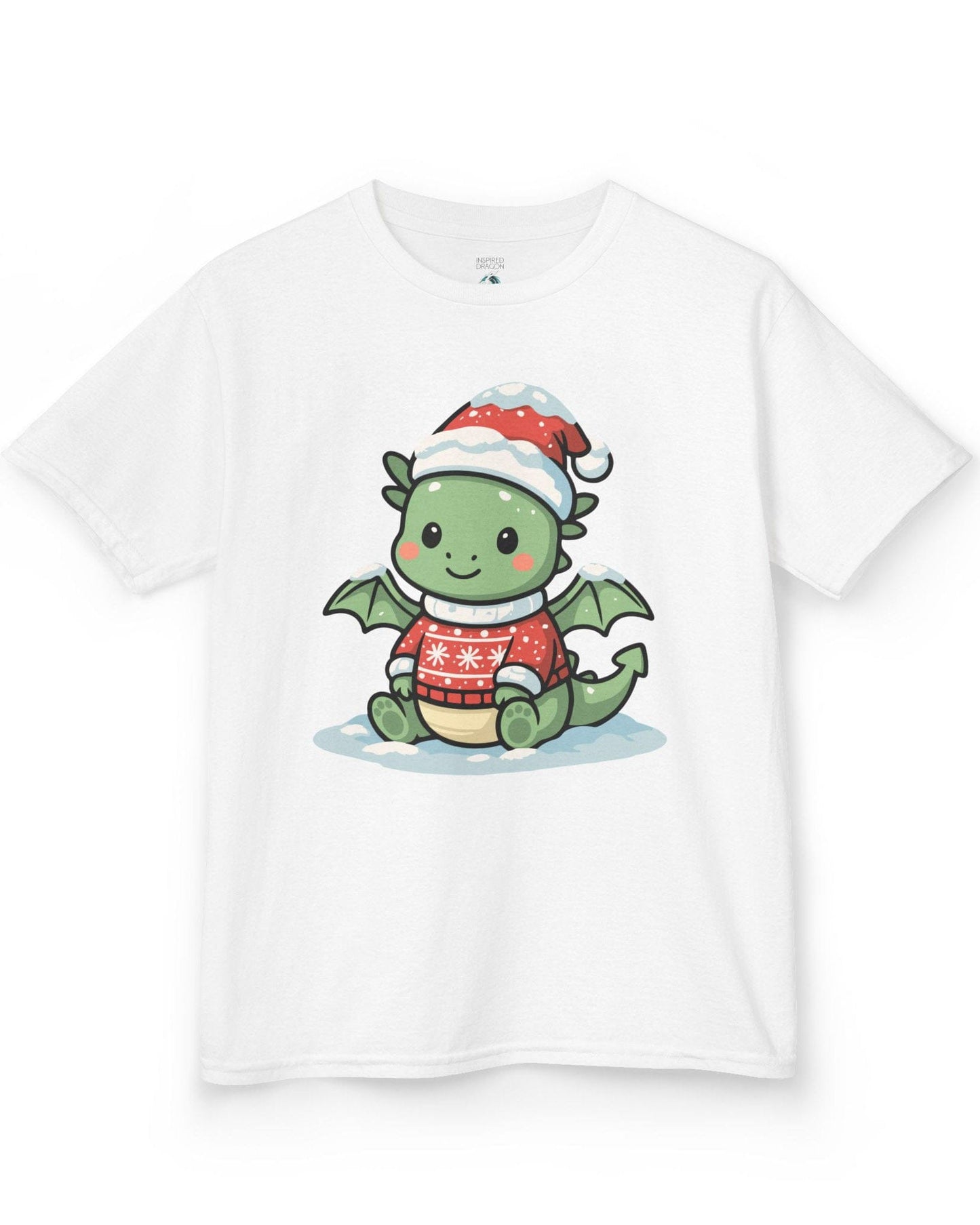 Merry Munchkin shirt in white featuring a cute green baby dragon in a snowy Santa hat and festive sweater.