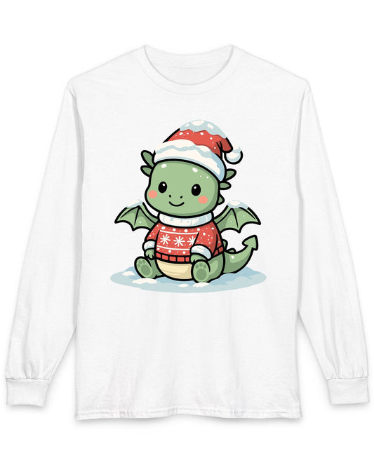 Merry Munchkin shirt in white featuring a cute green baby dragon in a snowy Santa hat and festive sweater