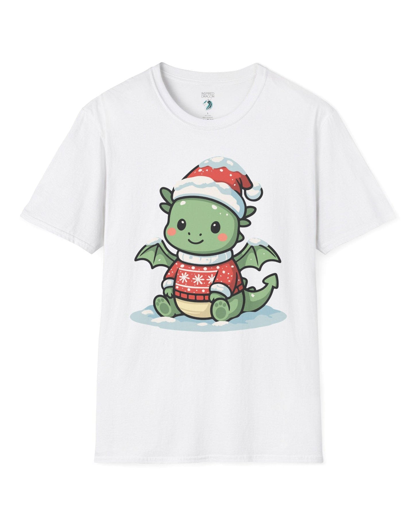 Merry Munchkin shirt in white featuring a cute green baby dragon in a snowy Santa hat and festive sweater.