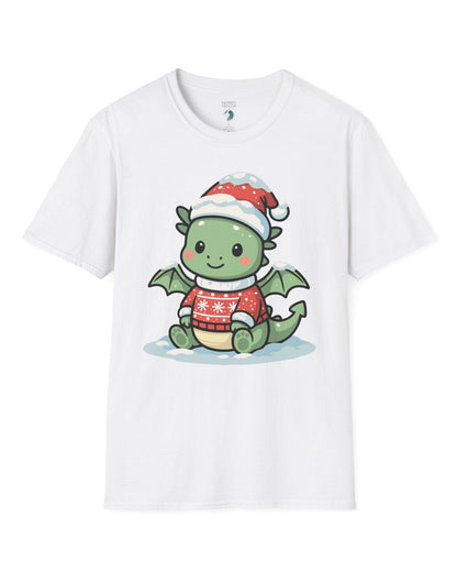 Merry Munchkin shirt in white featuring a cute green baby dragon in a snowy Santa hat and festive sweater.