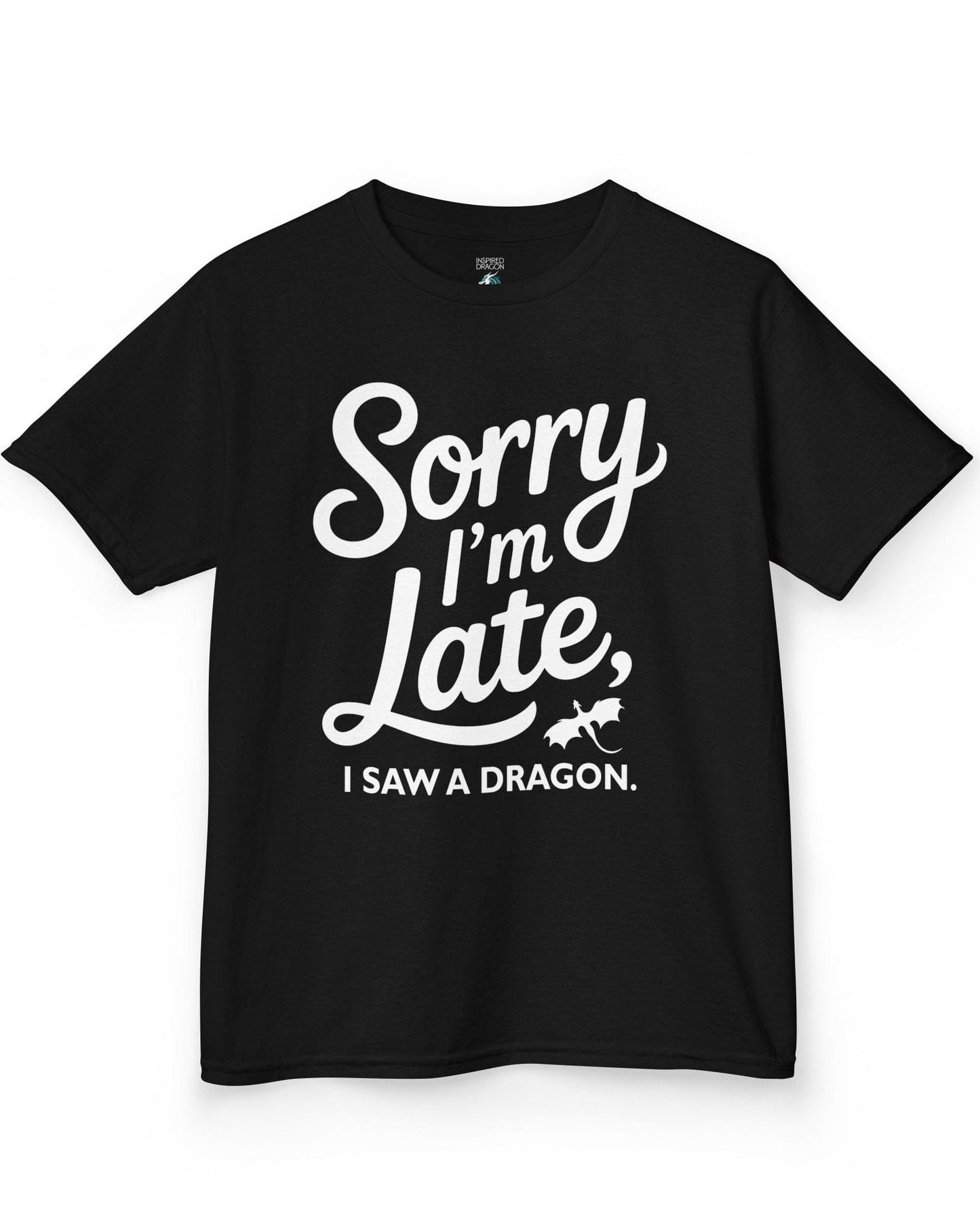 Sorry I'm Late shirt in black featuring playful script typography and a small flying dragon icon.