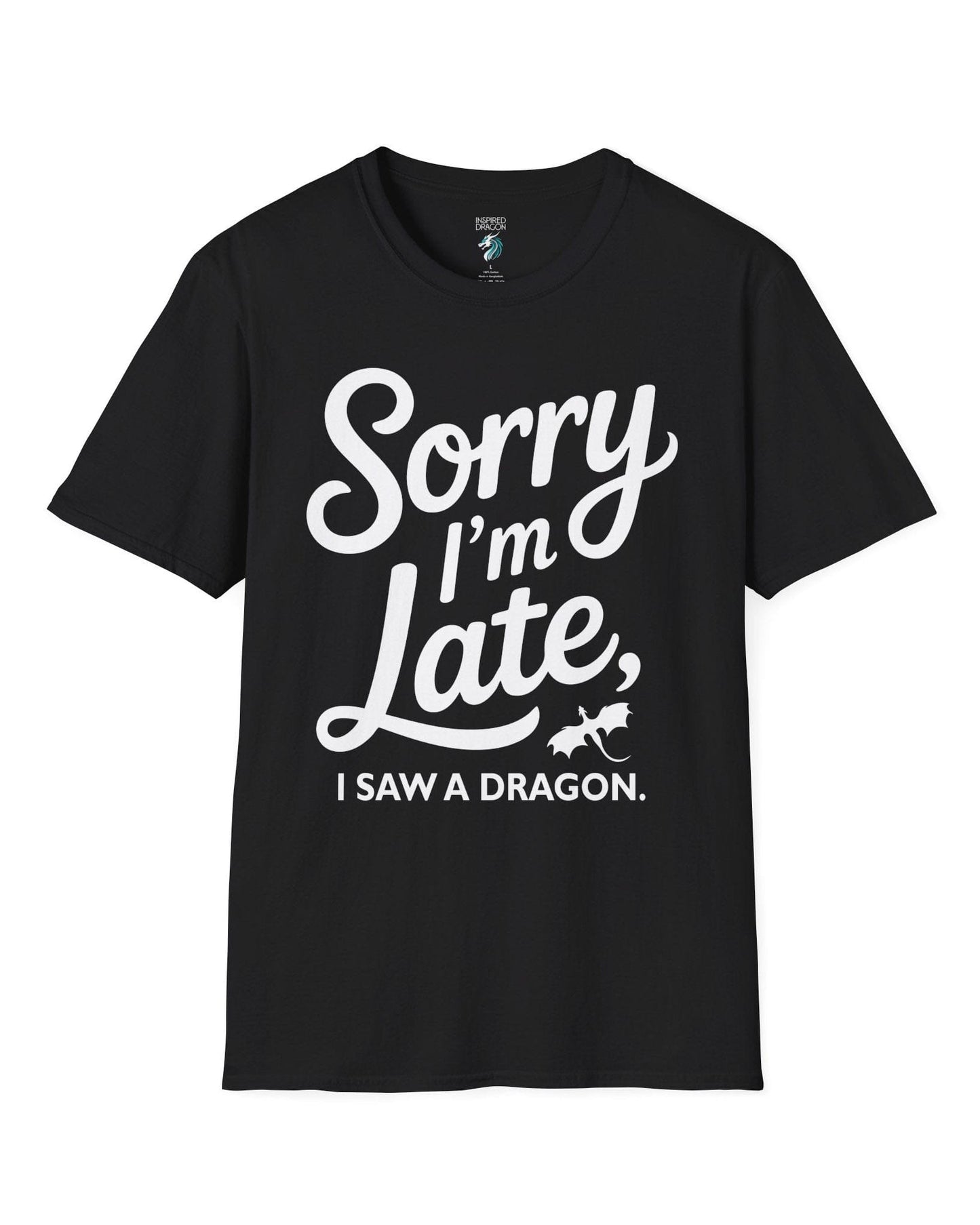Sorry I'm Late shirt in black featuring playful script typography and a small flying dragon icon.