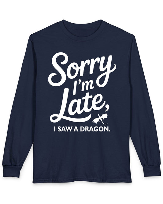 Sorry I'm Late shirt in navy featuring playful script typography and a small flying dragon icon