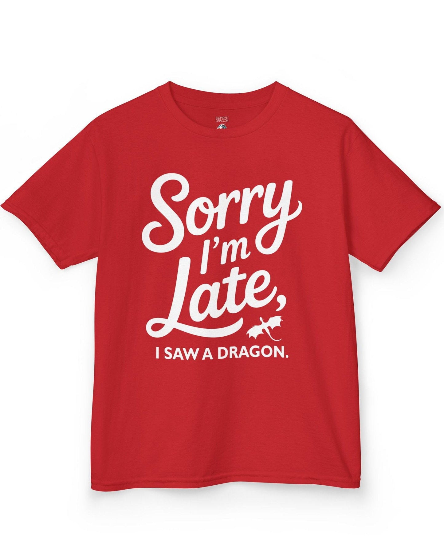 Sorry I'm Late shirt in red featuring playful script typography and a small flying dragon icon.
