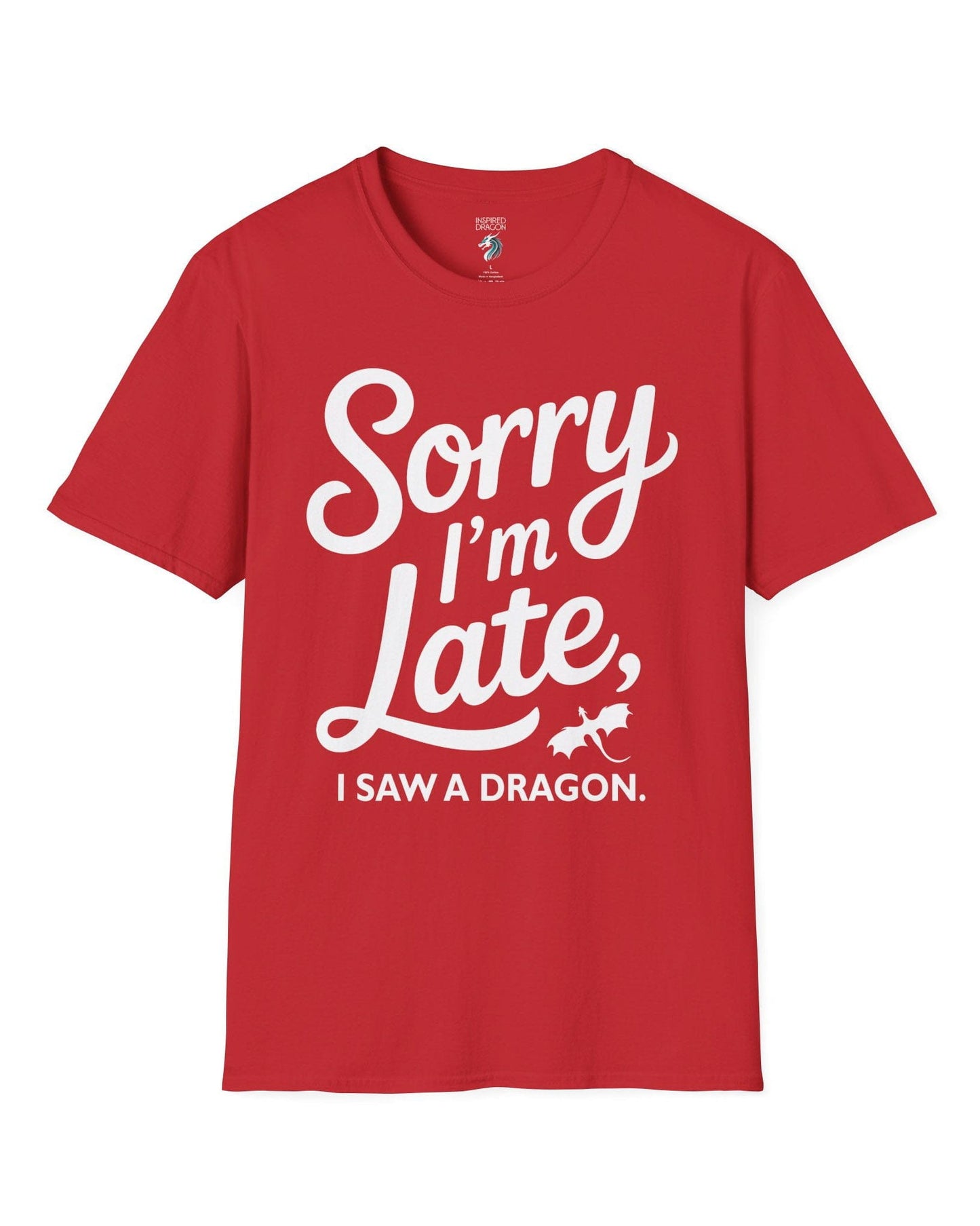 Sorry I'm Late shirt in red featuring playful script typography and a small flying dragon icon.