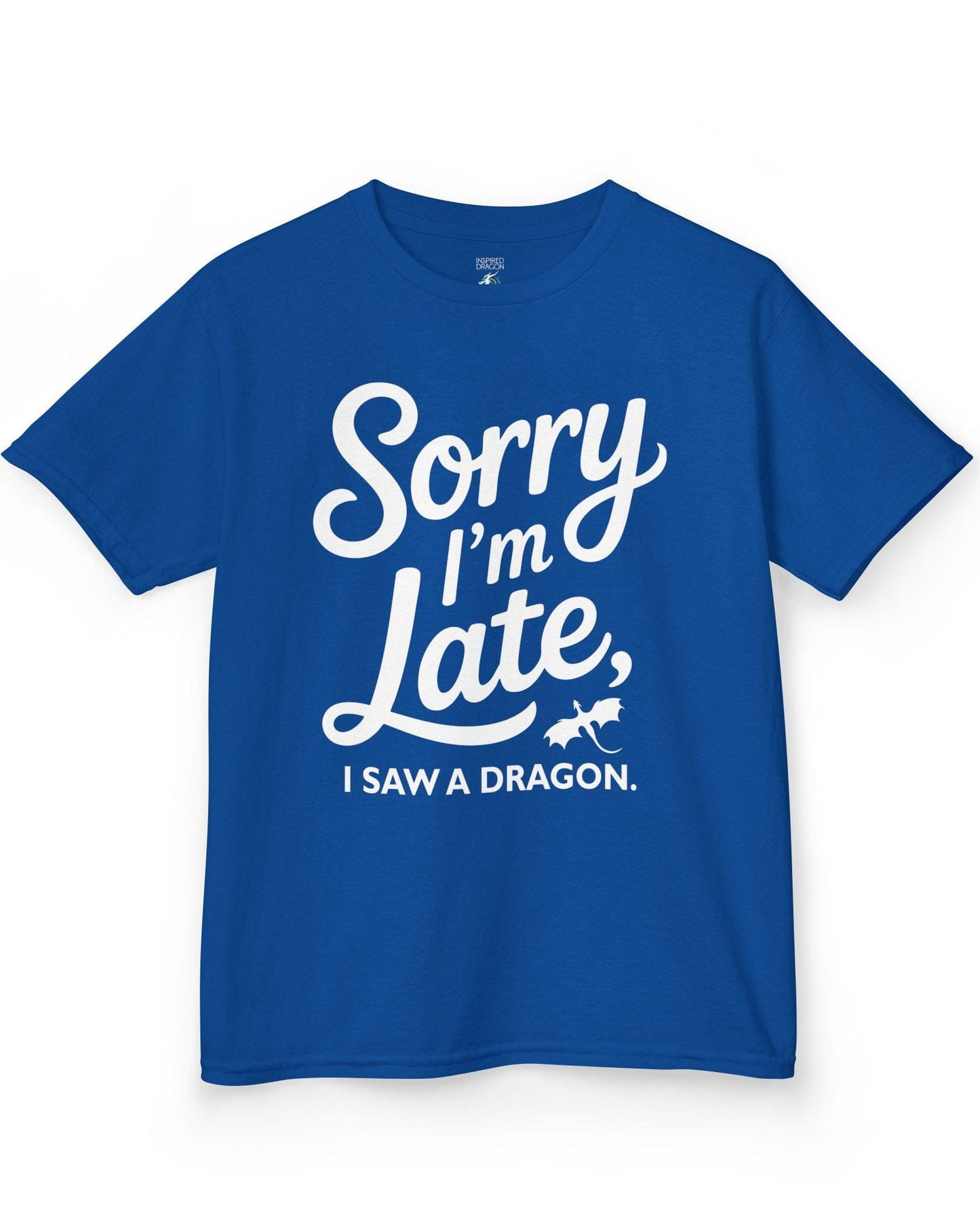Sorry I'm Late shirt in royal blue featuring playful script typography and a small flying dragon icon.