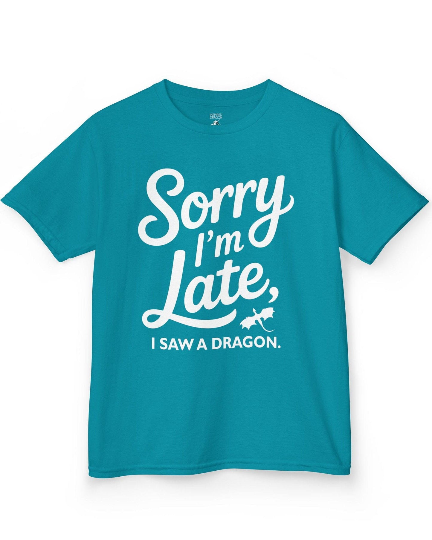 Sorry I'm Late shirt in tropical blue featuring playful script typography and a small flying dragon icon.