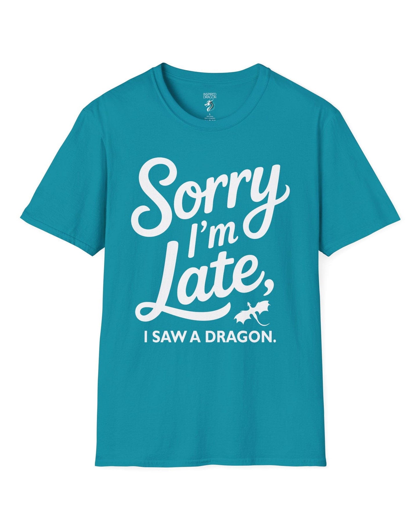 Sorry I'm Late shirt in tropical blue featuring playful script typography and a small flying dragon icon.